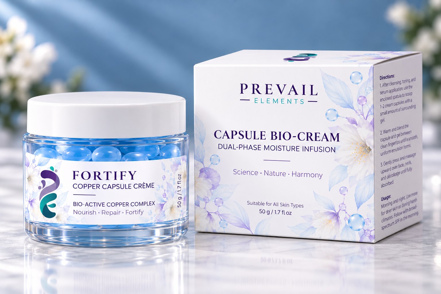 Fortify Copper Capsule Crème jar and box beside flowers