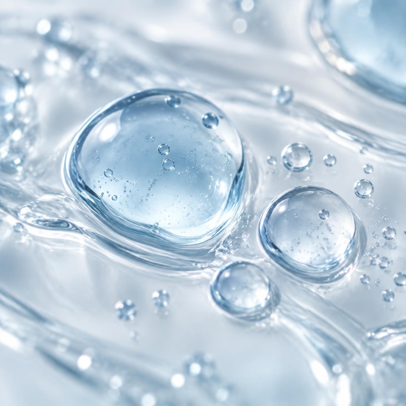 Macro photograph of translucent serum droplets on glass