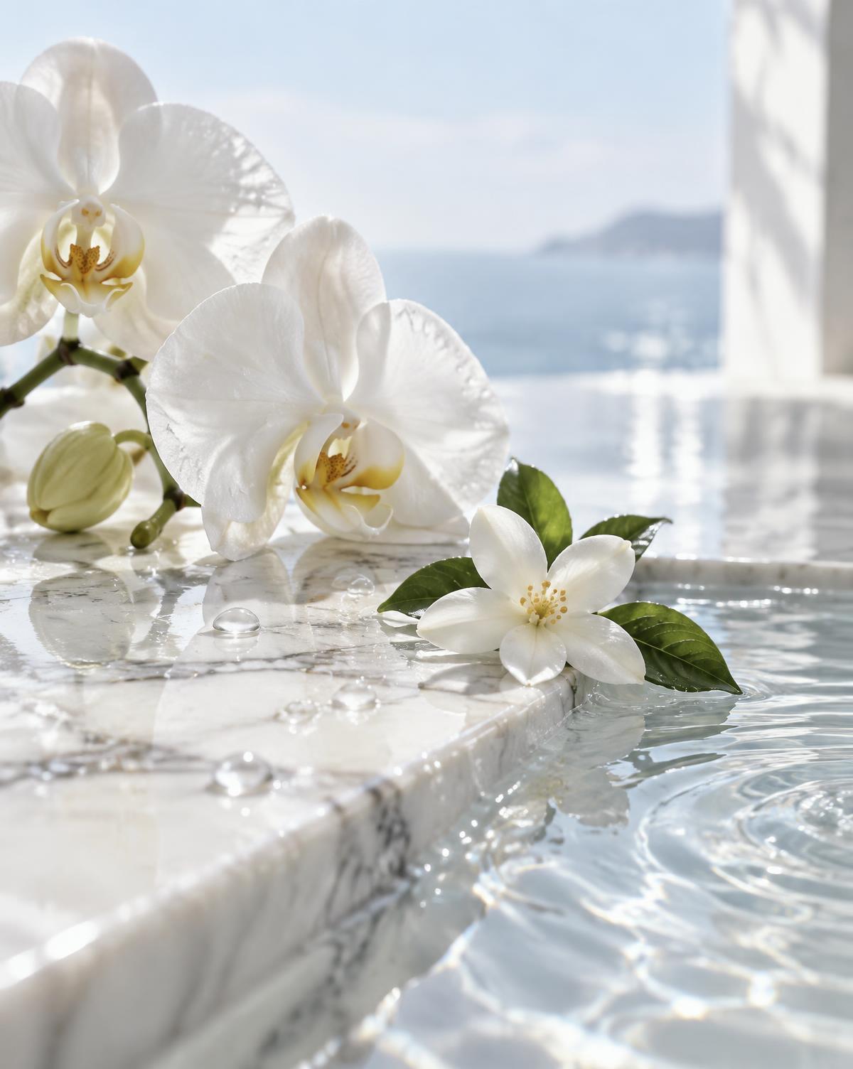 White orchids resting on marble beside rippling water